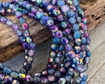 4mm Blueberry Ice Czech Beads, Faceted Fire Etched Crystal, Czech Glass, Strand of 50