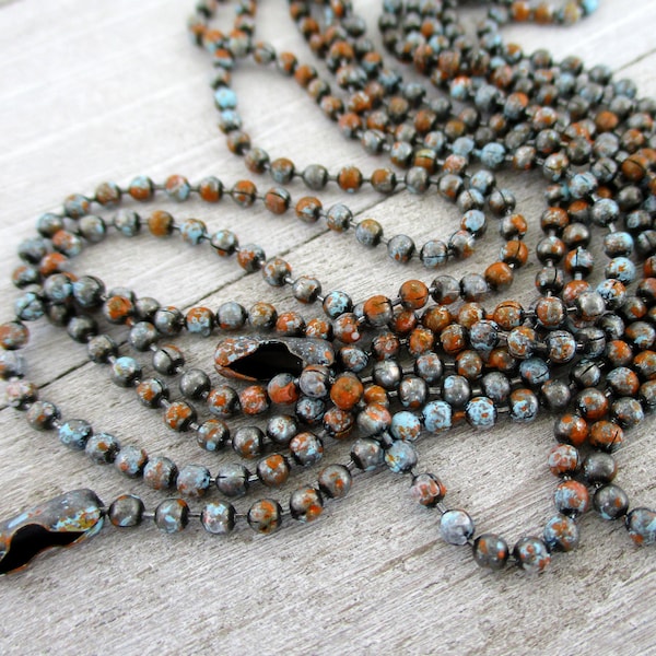 2.4mm Ball Chain, OLD ADOBE Patina, Grey, Turquoise & Rust, Hand Applied Patina, by the Inch, 6" to 72", 1 Connector per Foot Included