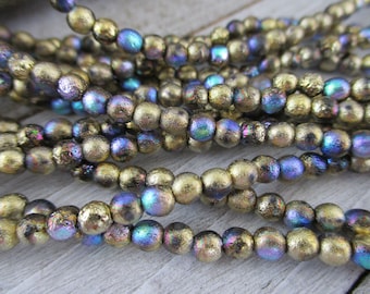 4mm Gold Ore AB Etched Druks, Round Czech Glass Beads, Strand of 50