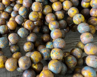 6mm Honey Brown Turquoise Wash Druk Czech Glass Beads, Etched Round Beads, Full Strand of 30 Beads