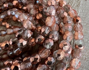 4mm Copper Ice Etched Beads, Faceted Matte Beads, Czech Glass, Strand of 50