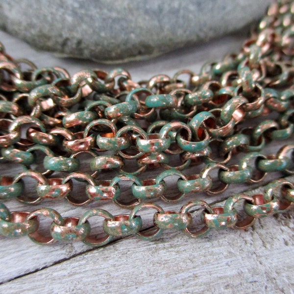 Verdigris Copper Rolo Chain, Hand Applied Patina, Bulk Chain NO CLASP, by the inch