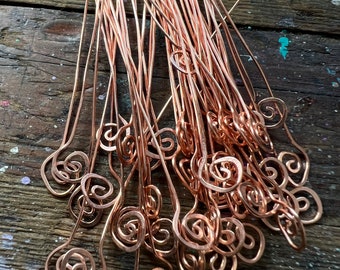COPPER HEADPINS, Bright Copper Fiddleheads - set of 10 - 22 gauge, 2 1/2 to 3 inch length, Handmade Headpins