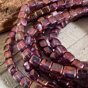 4mm Purple Metallic Rust Square Beads, Strand of 40 Cube Beads, 1mm Hole, 6/0 Boho Czech Glass Cube Beads