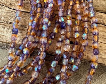 4mm Topaz Purple Celestial Etched Beads, Full Strand of 50, Round Czech Glass Beads, Ready to Ship