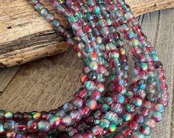 4mm Rainbow Etched Druk Beads, Czech Glass Seed Beads, Strand of 50