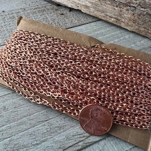 May include: A spool of copper chain, approximately 18 inches long, is displayed on a brown paper background. A US penny is placed next to the chain for scale.