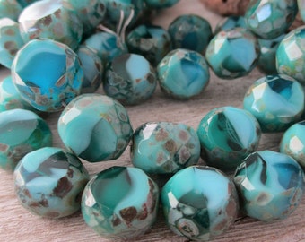 4 Beads 12mm Table Cut Faceted Round Turquoise with Picasso Finish, Czech Glass Beads
