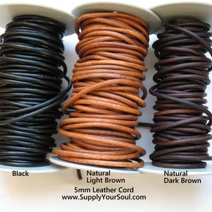 5mm Leather Cord 3 Feet, Gun Metal, Natural Black or Glossy Black, Natural, Dark or Light Brown, Boho Bracelet Leather, Ready to Ship image 4