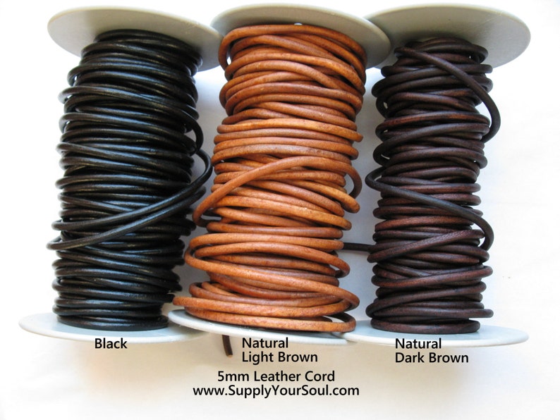 5mm Leather Cord 3 Feet, Gun Metal, Natural Black or Glossy Black, Natural, Dark or Light Brown, Boho Bracelet Leather, Ready to Ship image 4