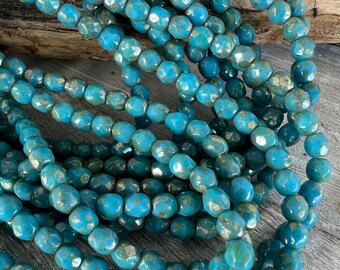 4mm Pacific Blue Picasso Glass Beads, Faceted Fire Polished  Czech Glass, Strand of 50