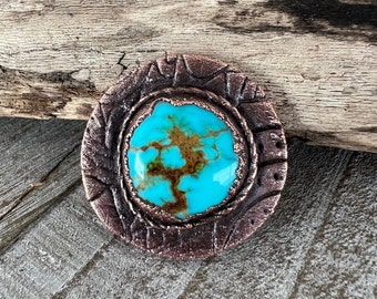 Kingman Turquoise & Copper Round Focal Button, 1" Diameter, Handmade Electroformed Bracelet Button with Shank. Optional Clasp, One of a Kind