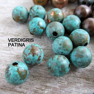 PATINA COPPER ROUND 8mm Beads, 10 Pieces with choice of Patina, Real Copper Seamed Beads, Hand Applied Patina Verdigris Patina