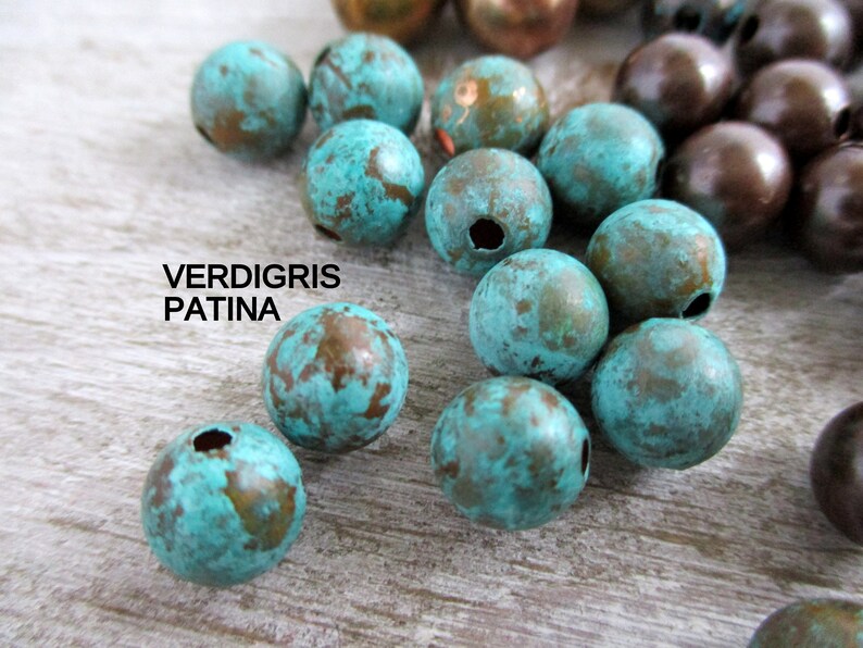 PATINA COPPER ROUND 8mm Beads, 10 Pieces with choice of Patina, Real Copper Seamed Beads, Hand Applied Patina Verdigris Patina