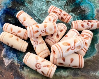 20 Flower Carved Bone Beads, 13mmx7mm with 2mm Hole Approx., Barrel Tube Beads, Antiqued Beige Bone Beads