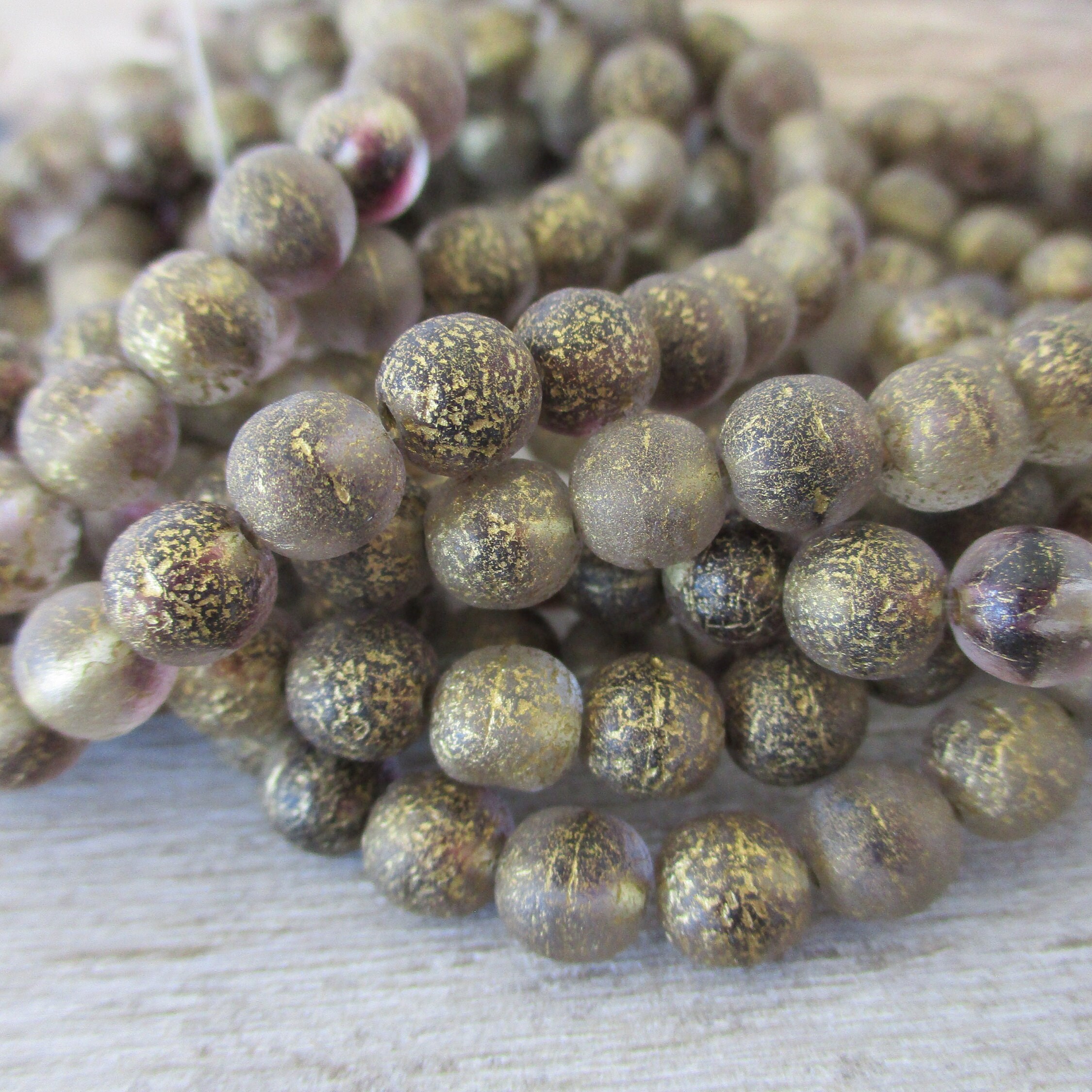 *30* 6mm Gold Etched Purple Washed Matte Amber Round Druk Beads, Women's
