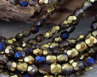 4mm Blue Gold Rush Czech Beads, Faceted Round Glass, Czech Glass, Strand of 50