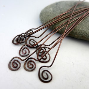 Oxidized Copper Headpins Fiddlehead - 10 pieces - 22 gauge,  2 1/2 to 3&quot; inch length, Made to Order in 1 to 2 Weeks