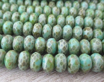 4x7mm Green Picasso Rondelle Czech Glass Beads, 25 Bead Strand