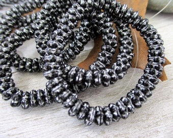 5mm Black & Silver Forget-Me-Not Spacer Beads, Czech Glass Beads, Strand of 50 Beads