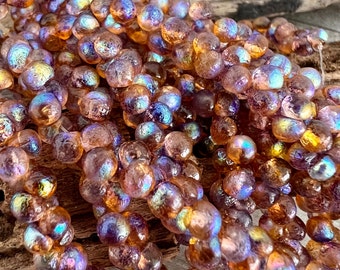 4x4mm Topaz Celestial Mushroom Beads, Etched Czech Glass Strand of 50, Imported Glass Beads