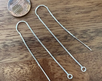 1 Pair Sterling Silver 4" Ear Threads, Earwires with Solid Bridge, Open Ring