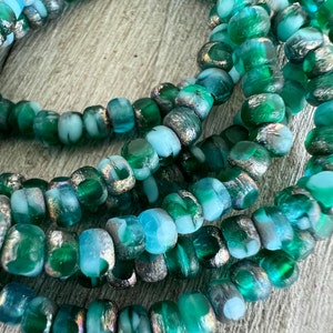 6/0 Emerald & Sky Blue Gold Trica Czech Glass Beads, Tri Cut 4x3mm Glass Beads, Strand of 50 Beads