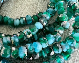 6/0 Emerald & Sky Blue Gold Trica Czech Glass Beads, Tri Cut 4x3mm Glass Beads, Strand of 50 Beads