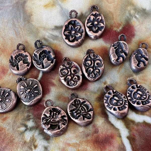 Handmade Rustic Copper/Clay Earring Charms, 3/4" Long, Copper Electroformed Handmade Components
