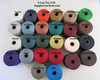 May include: A collection of 20 spools of S-Lon Tex 210 cord in various colors, including cream, indigo, orange, copper, brown, green, silver, ice blue, nutmeg, green/blue, burgundy, oyster, dark teal, evergreen, bronze, seashell, black, purple, grey, red hot, dark red, eggplant, and dark brown.