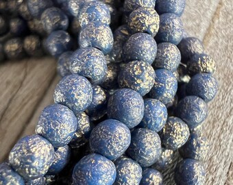 4mm Etched Blue Gold Druk Beads, Round Czech Glass Beads, Strand of 50, Ready to Ship