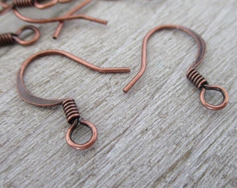 Genuine Copper Antiqued Ear Wires, 20 Pairs, 40 Ear Wires,  16mm Length, Flattened Copper Wire