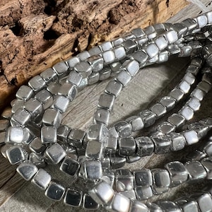 4mm Antique Silver Finish Square Beads, Strand of 40 Cube Beads, 1mm Hole, 6/0 Boho Czech Glass Cube Beads