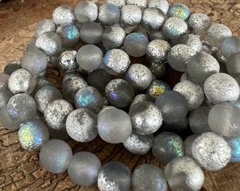 8mm Silver Rainbow Druk Czech Glass Beads, Etched Matte Round Beads, Full Strand of 20 Beads