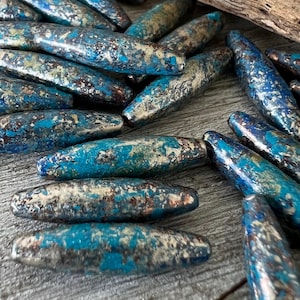 4 Turquoise Trail Copper Patina Elliptical Beads, 0.8mm Hole, 4.8mmx19mm, Real Copper Beads with Hand Patina,