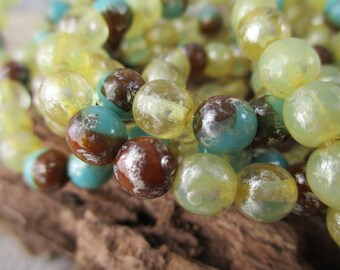 6mm Picasso Sea Mix Druk Beads, Round Smooth Czech Glass Beads, Strand of 30