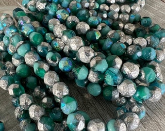 6mm Blue Silver AB Etched Czech Glass Faceted  Beads, Strand of 25, Ready to Ship