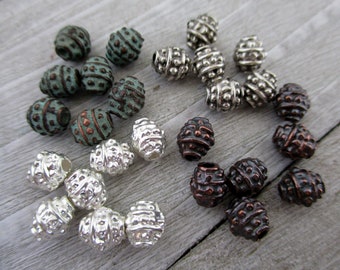 10 Bali Style Metal Beads, 4x5mm w/1mm Hole, Mykonos Metal Beads, Choice of Finish, Silver, Bronze, Verdigris or Pewter, Made in Greece