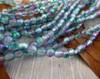 4mm Aqua Celestial Etched Druks, Round Czech Glass Beads, Strand of 50