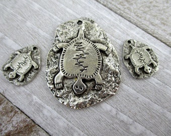 Turtle Petroglyph Charms or Pendant, Cast Antique Pewter, Cave Art, Tribal Jewelry, Made in USA, Ready to Ship