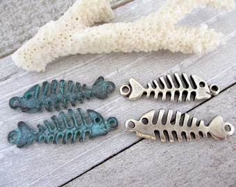 2 Fish Bones Links, 11x30mm, Mykonos Metal Castings, Green Patina or Antique Pewter, Lead Free Metal, Made in Greece