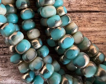 3x4mm Sea Green & Gold Trica Beads, 6 Inch Strand of 50 Beads, Tri Cut Czech Glass Beads