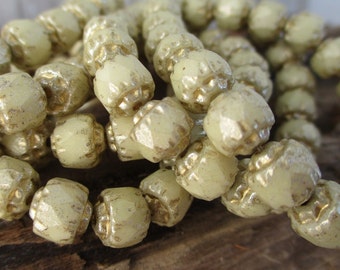 6mm Gold Ivory Czech Glass Beads, Cathedral Cut, Fire Polished Renaissance Style, Strand 20 Beads