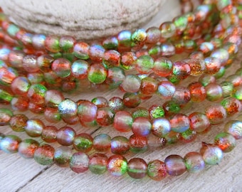 4mm Topaz Green Celestial Etched Druk Beads, Full Strand of 50, Round Czech Glass Beads, Ready to Ship