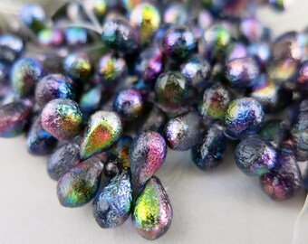 4x6mm Mystical Blues Czech Glass Etched Drops, Full Strand of 50, Ready to Ship