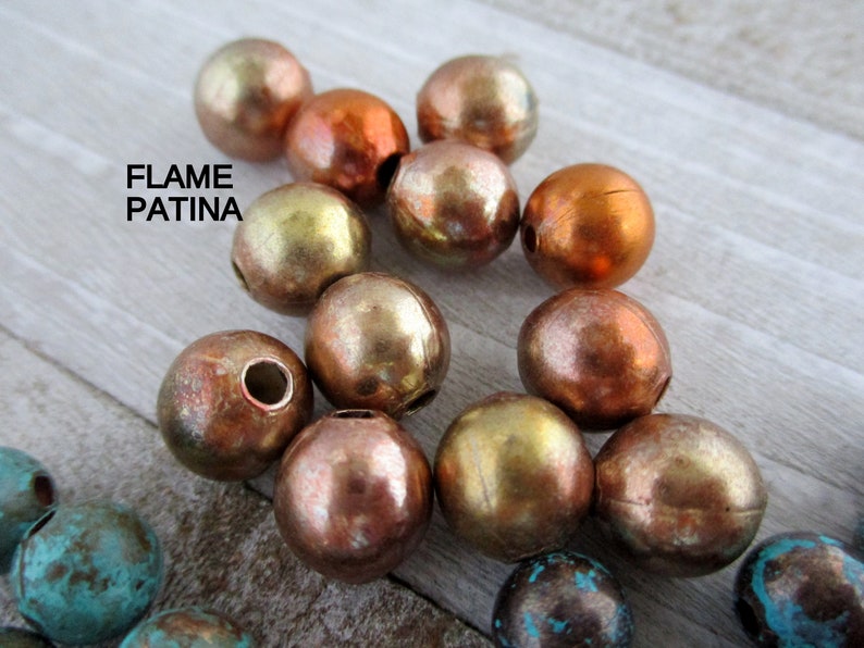 PATINA COPPER ROUND 8mm Beads, 10 Pieces with choice of Patina, Real Copper Seamed Beads, Hand Applied Patina Flame Patina