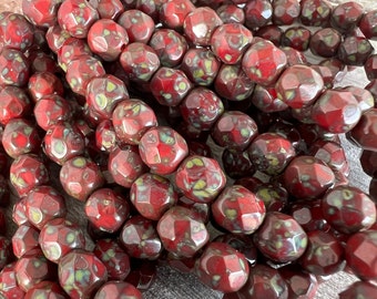 6mm Dark Red Picasso Czech Glass Faceted  Beads, Strand of 25, Ready to Ship