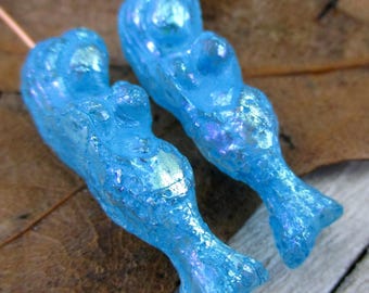 2 Mermaid Beads, Blue AB, 5x25mm, Czech Glass Beads, Drilled Lengthwise