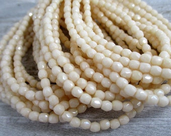 3mm Creme Fraiche Czech Glass Beads, Round Faceted Fire Polished Seed Beads, Full Strand of 50 Beads