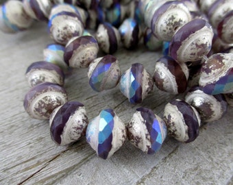 Violet Whitewash AB Saturn Beads, 8x10mm Czech Glass Beads, Strand of 15 Boho Beads